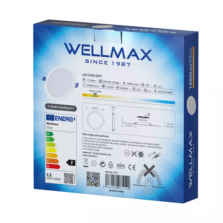 LED-alasvalo Wellmax 12 W, 1080 lm, 3000 K, Samsung LED, 140 - 160 mm